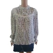 Loft XL White Blue Brown Floral Button Lace Collar Hem Cottage Core Prairie Top