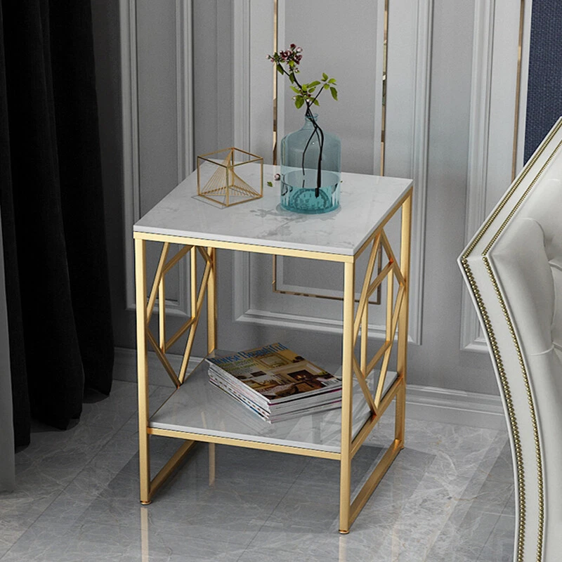 2 Tier Bed Side Accent Marble Table Living Room End Table Glossy Gold Nightstand - Image 3 of 4