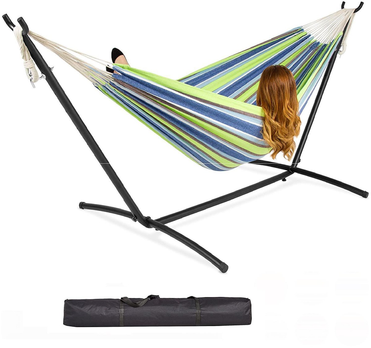 Garden Single Cotton Hammock Outdoor Swing with Space Saving Metal Stand  Frame