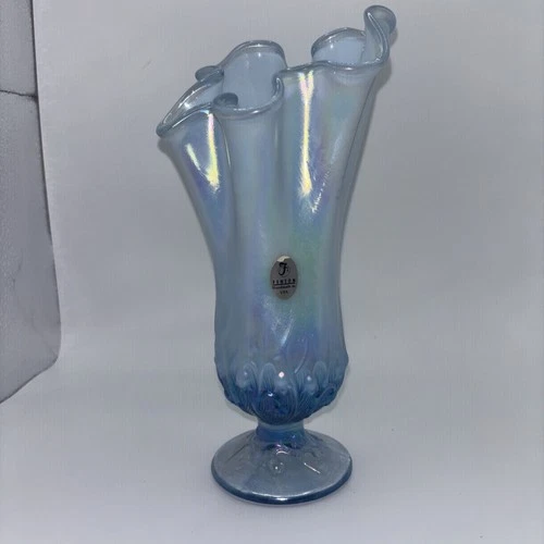 Vintage Fenton Blue Iridescent Opalescent Glass Footed lilly of tha valley Vase