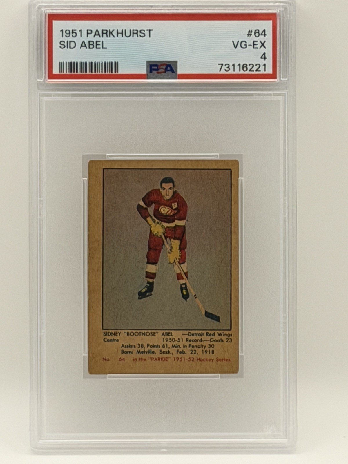 1951-52 PARKHURST HOCKEY SIDNEY SID ABEL RC CARD #64 GRADED PSA 4