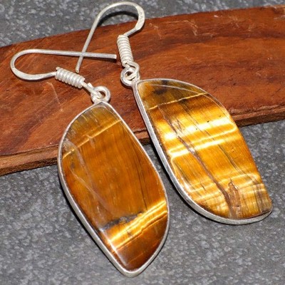 925 Silver Plated Stunning Tiger Eye Earrings Handmade Size 1.8'' GW