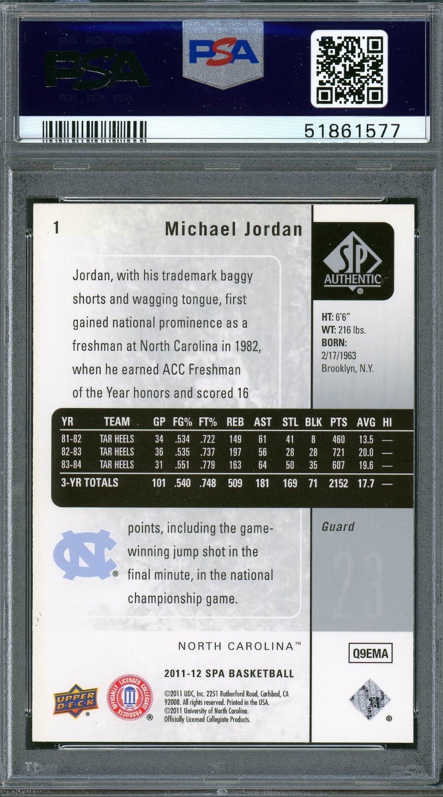 2011 SP Authentic # 1 Michael Jordan HOF PSA 10 Gem Mint UNC Bulls (51861577) view 2