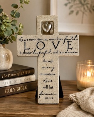 Lighthouse Christian Love Lasts Forever Wall Cross Cast Stone Heart 9.5  Easel