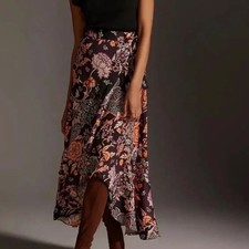 Maeve Anthropologie Wrap Side Tie Ruffle Hem Satin Floral Midi Skirt Purple XS