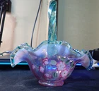 Vintage Fenton Rose Magnolia Iridized W/Sea Green Crest Basket Signed