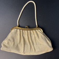 Vtg Whiting  Davis Metal Mesh Evening Bag Purse Gold  Off White Art Deco USA