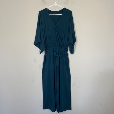 Garnet Hill Kimono Sleeve knit Jumpsuit Women's M Teal Green Wide Leg Tencel NEW