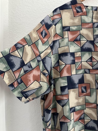 Camicia acrobatica donna 1X multicolore stampa geo 100% seta S/S arte da indossare matura vintage - Foto 2 di 9