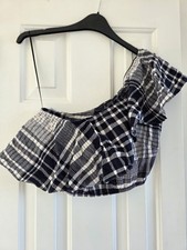 Nobody’s Child Blue Check One Shoulder Crop Top UK 12 Great Condition