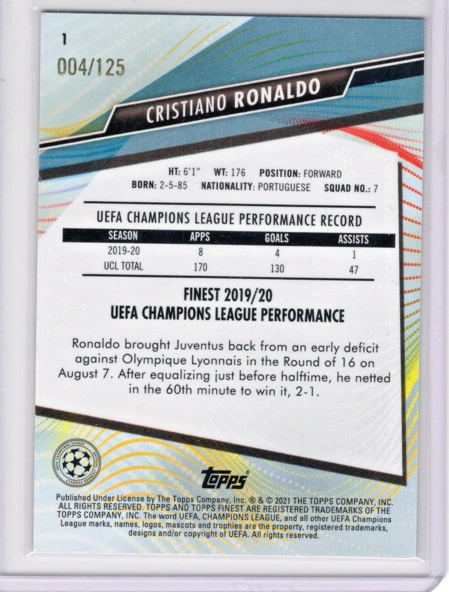 2020-21 Topps Finest Cristiano Ronaldo Pink Refractor /125 #1 view 2