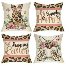 Happy Easter Bunny Decorative Throw Pillow Covers 18 x 18 Set of 4, Leopard P...