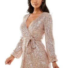 Sequin Rose Gold Wrap Dress Long Sleeve V Neck Party Emerald Sundae