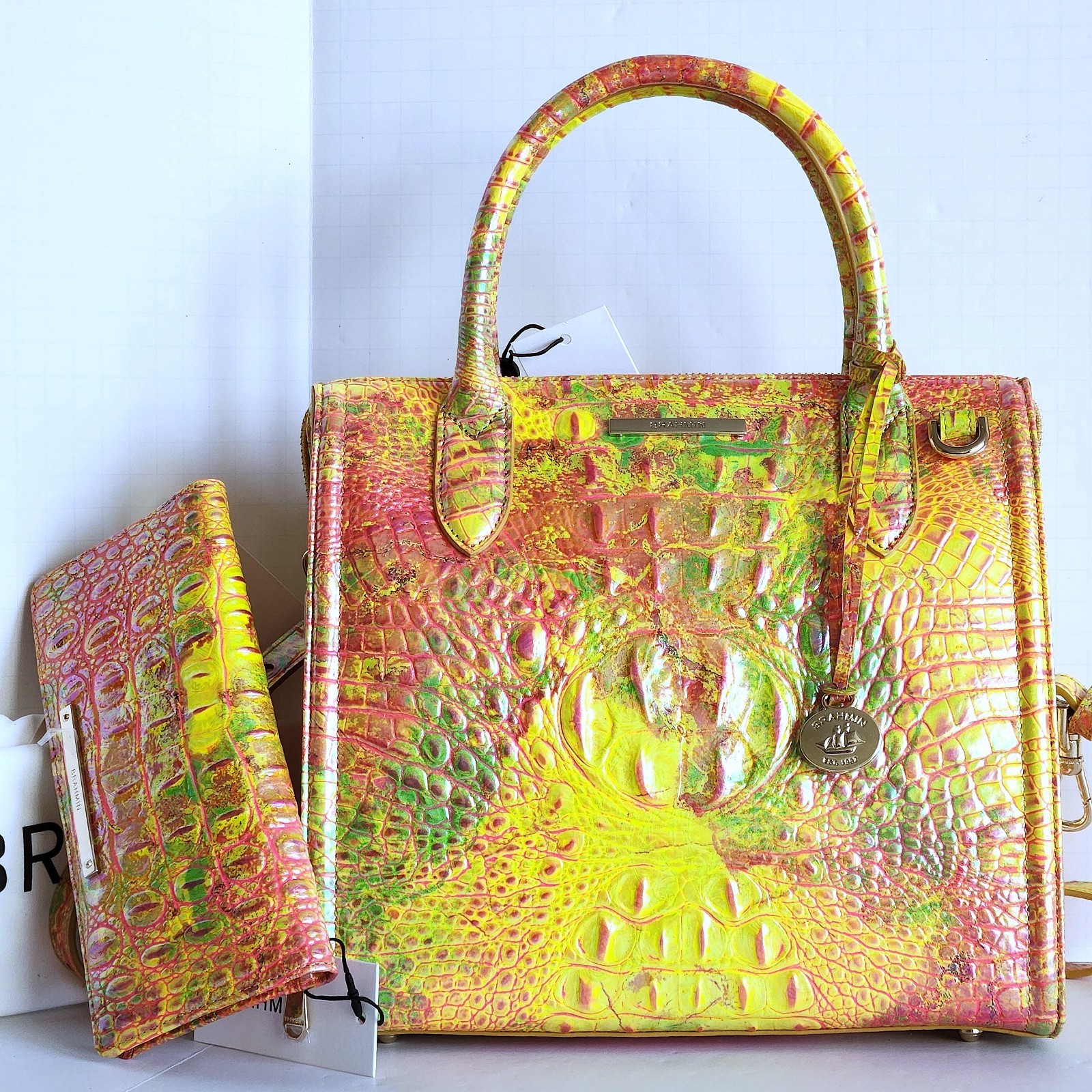 🌹Brahmin Small Caroline Satchel Spritz Leather Crossbody Bag+Bi-fold Wallet NWT