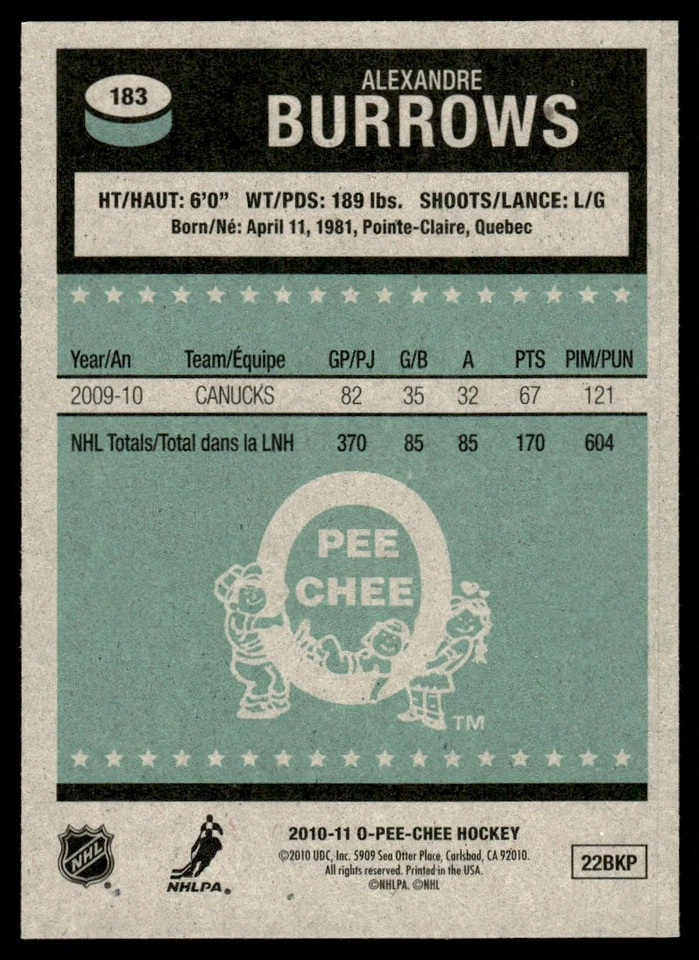 2010-11 O-Pee-Chee Retro Alexandre Burrows Vancouver Canucks #183 - Image 2 of 2