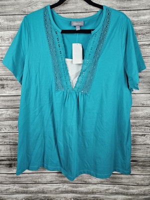 New Essentials Women's Plus Size 1X Crochet Neckline Shortsleeve Teal Cotton Top