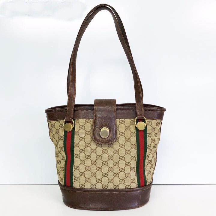 Authentic GUCCI Tote Bag Old Gucci Sherry Line GG Canvas Beige Brown  shoulder