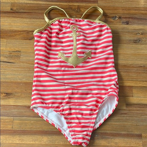 Love U Lots Girls Red Stripe Gold Anchor Swimsuit Size 4 NWT
