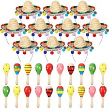 Jexine 30 Pcs Mini Sombrero Fiesta Hats Wooden Fiesta Maracas Set, with 10 Me...