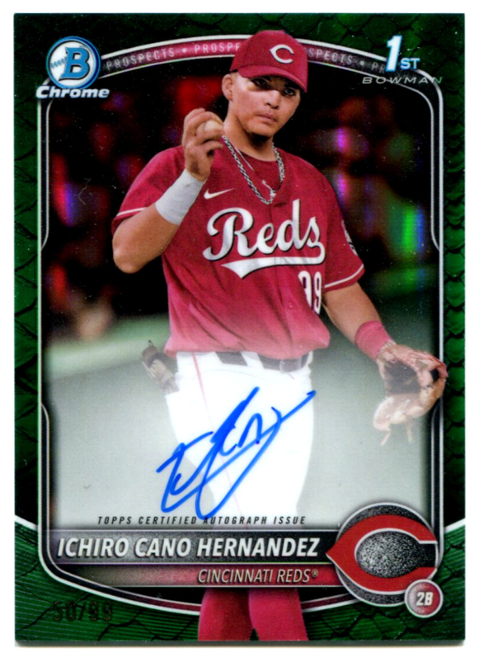 2025 Bowman Chrome Ichiro Cano Hernandez 1st Green On Card Rookie Auto 50/99 Red