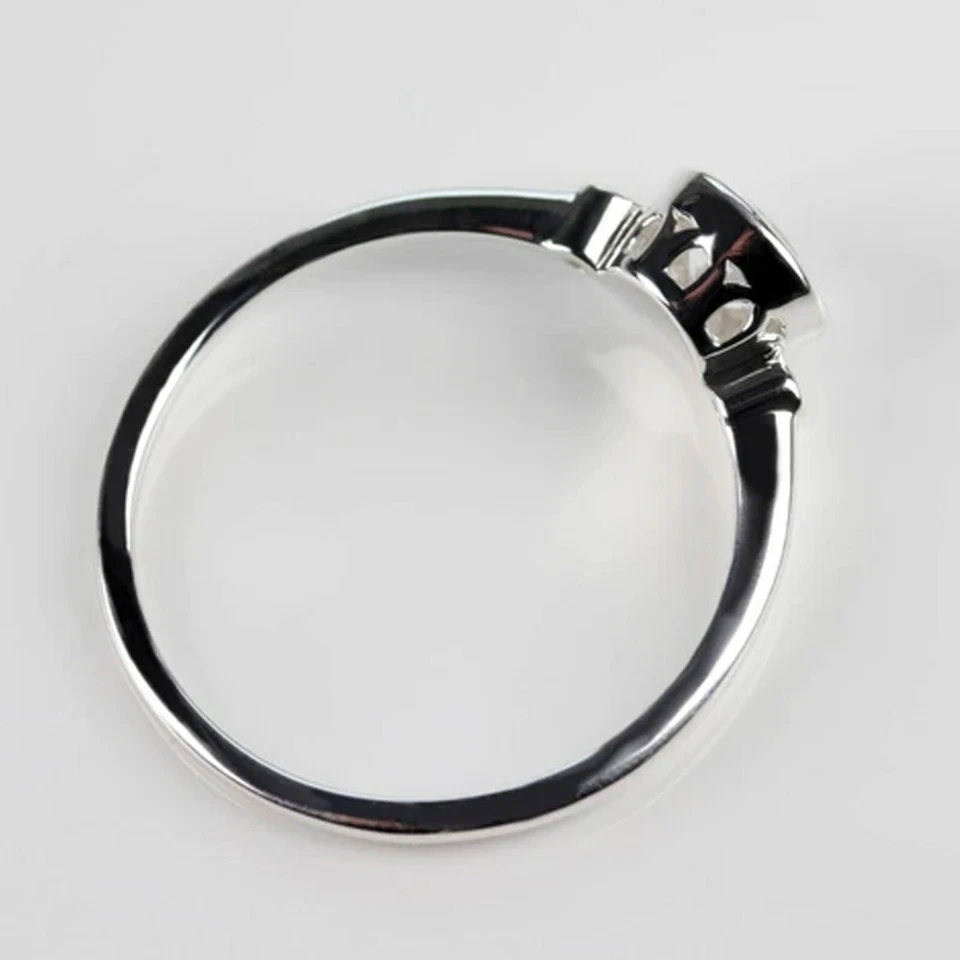 0.9 TCW Round Moissanite Three Stone Bezel Engagement Ring 14k White Gold Plated - Image 4 of 4