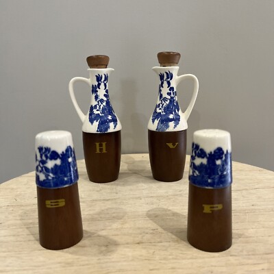 Lot De Condiments De Table Japonais Vintage - Salière, Poivrière, Huilier, Vinaigrier En Céramique Et Bois