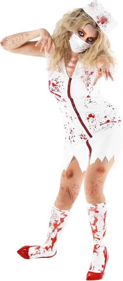 Mujer Terror Zombie Enfermera Disfraz Sombrero Máscara Terror Terror Terror Uniforme Vestido Halloween Foto 3 de 4