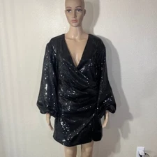 Lovers + Friends Black Dress Ryder Mini Sequin Wrap Puff Sleeve 80s Disco Glam S