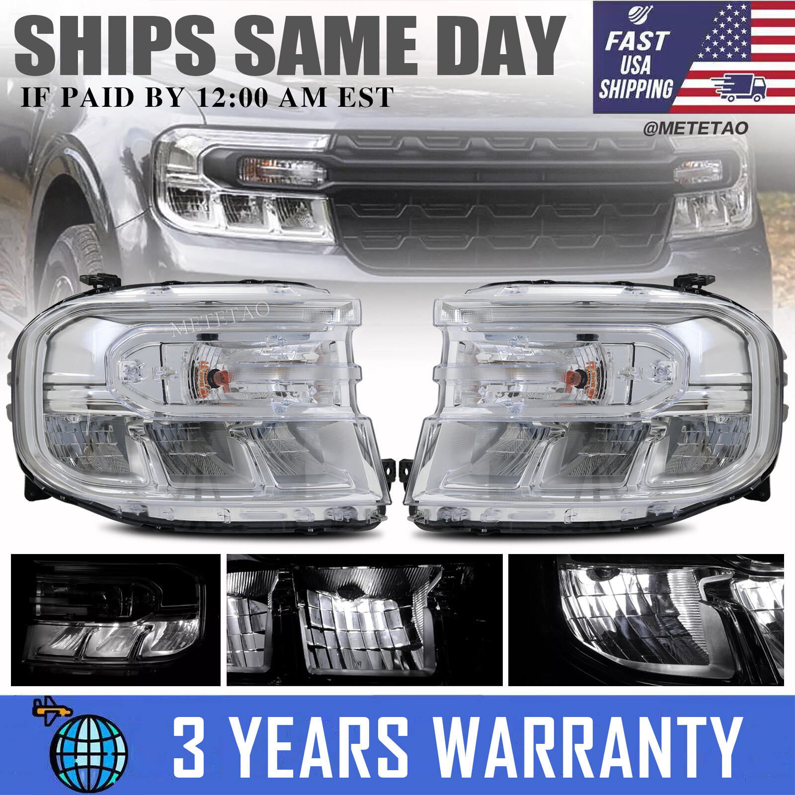 2022-2024 Ford Maverick Non-LED DRL Headlights Pair Left & Right