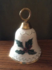 India Solid Brass BELL Christmas Holiday  Enamel Green Red Holly 3.75" 3"d