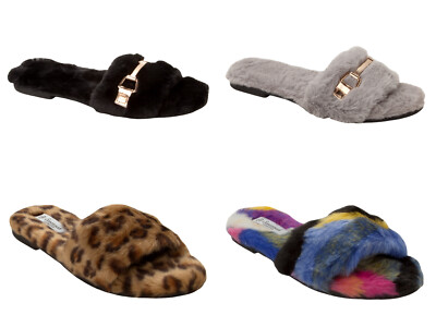 LADIES FAUX FUR SLIP ON COMFY SLIDERS WOMENS SLIPPER MULES SHOES SIZE  UK
