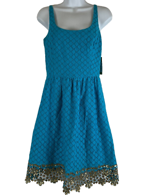 Lilly Pulitzer Java Dress 00 Turquoise Dot Dot Dot Lace Gold Trim Spaghetti  | eBay