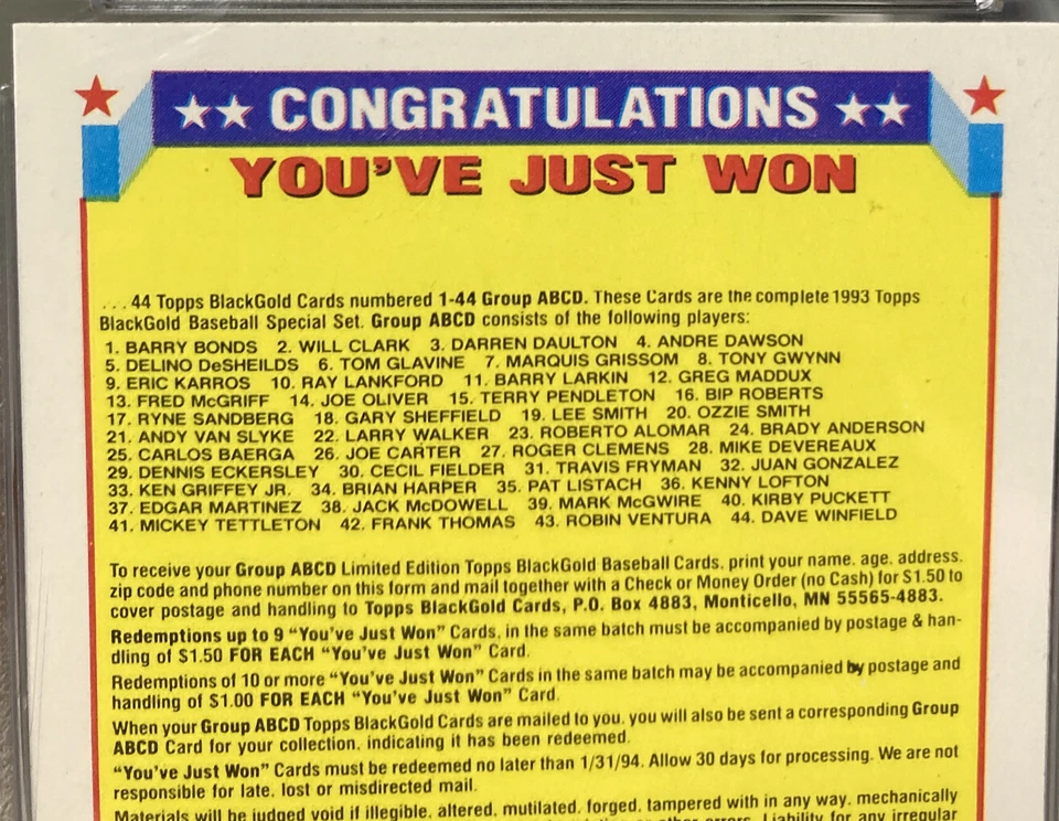 Tarjeta de béisbol Topps Redemption 1993. Win A/B/C/D. 🔥 Oro negro. Foto 4 de 4
