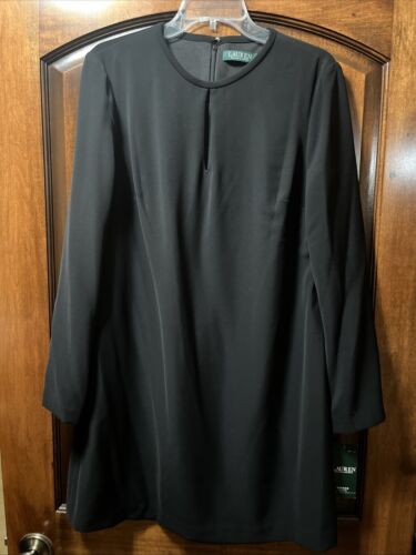 LRL Ralph Lauren Black Keyhole Neck Long Sleeve Sheath Dress Petite Size 14P NWT