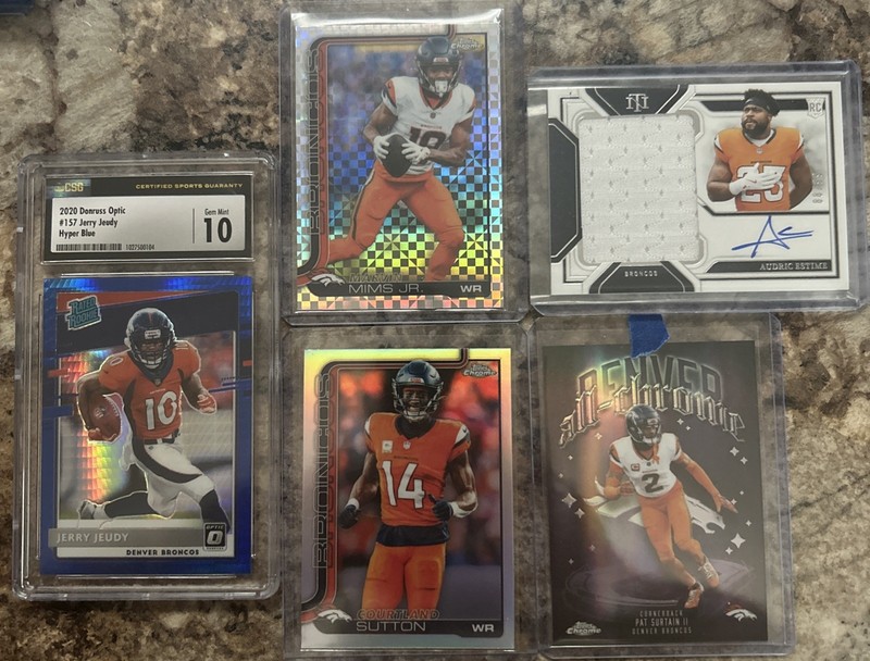 Broncos 5-cards, CSG 10 RC Jerry Judy, RPA 88/99 Audric Estime, +3 Refractors