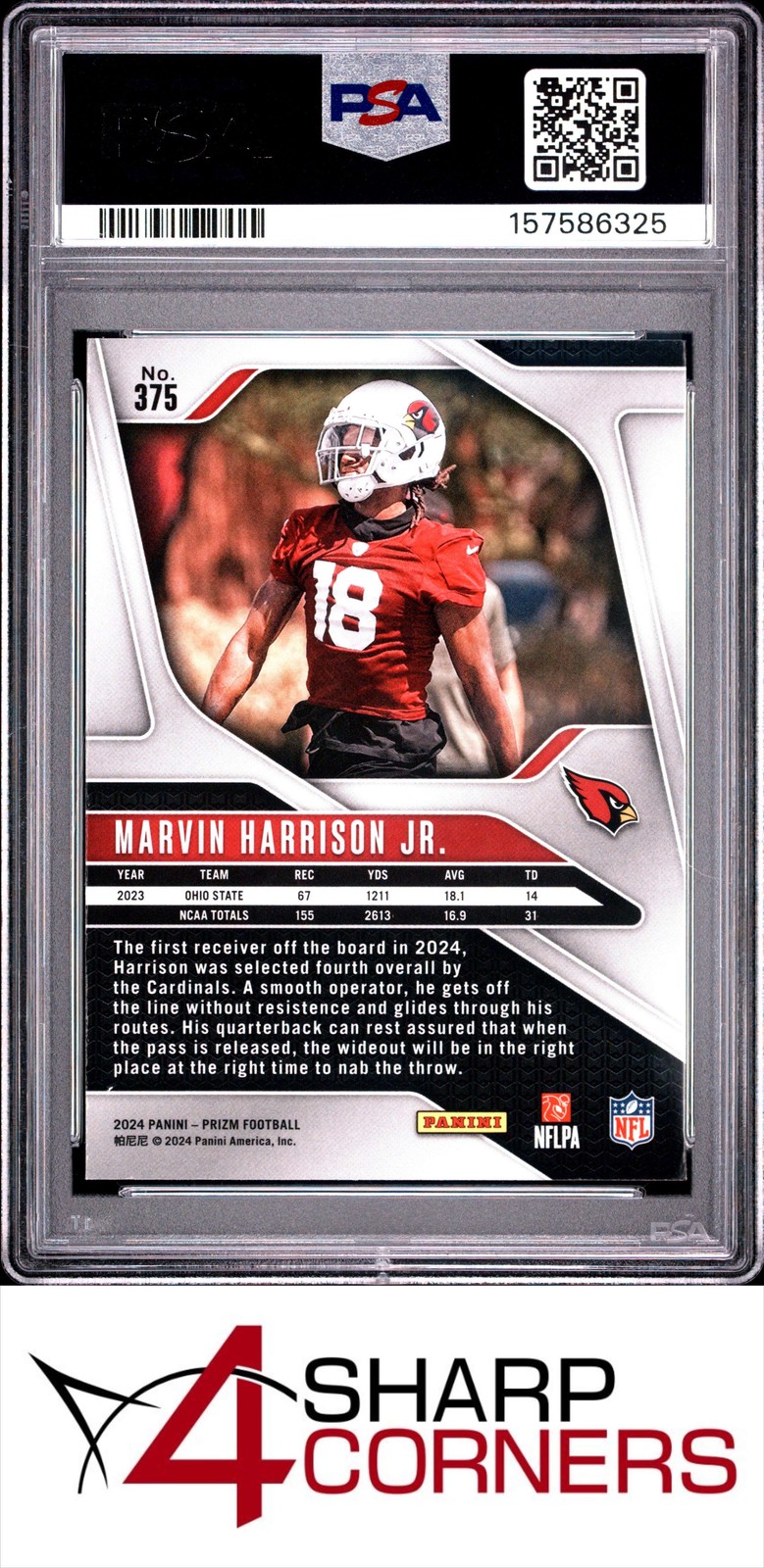 2024 PANINI PRIZM #375 MARVIN HARRISON JR. RC CARDINALS PSA 9 view 2