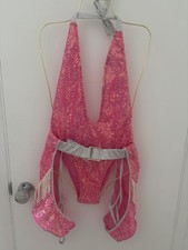Roma Women  s Pink Sequin Halter Plunge Bodysuit w/ Silver Belt  Fringe