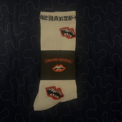 Chrome Hearts White Crew Socks L Red Lips Pattern Mid Calf Cotton