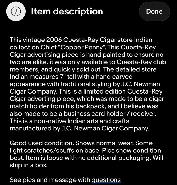 CUESTA REY LIMITED EDITION CHIEF COPPER PENNY COLLECTIBLE CIGAR STORE INDIAN