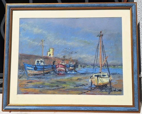 Tableau ancien paysage marin bateaux voiliers encadré signé - Photo 2 sur 16
