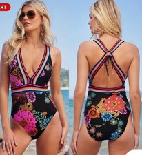 Trina Turk Electric Reef Floral V Plunge Halter One Piece Swimsuit Size 6 M