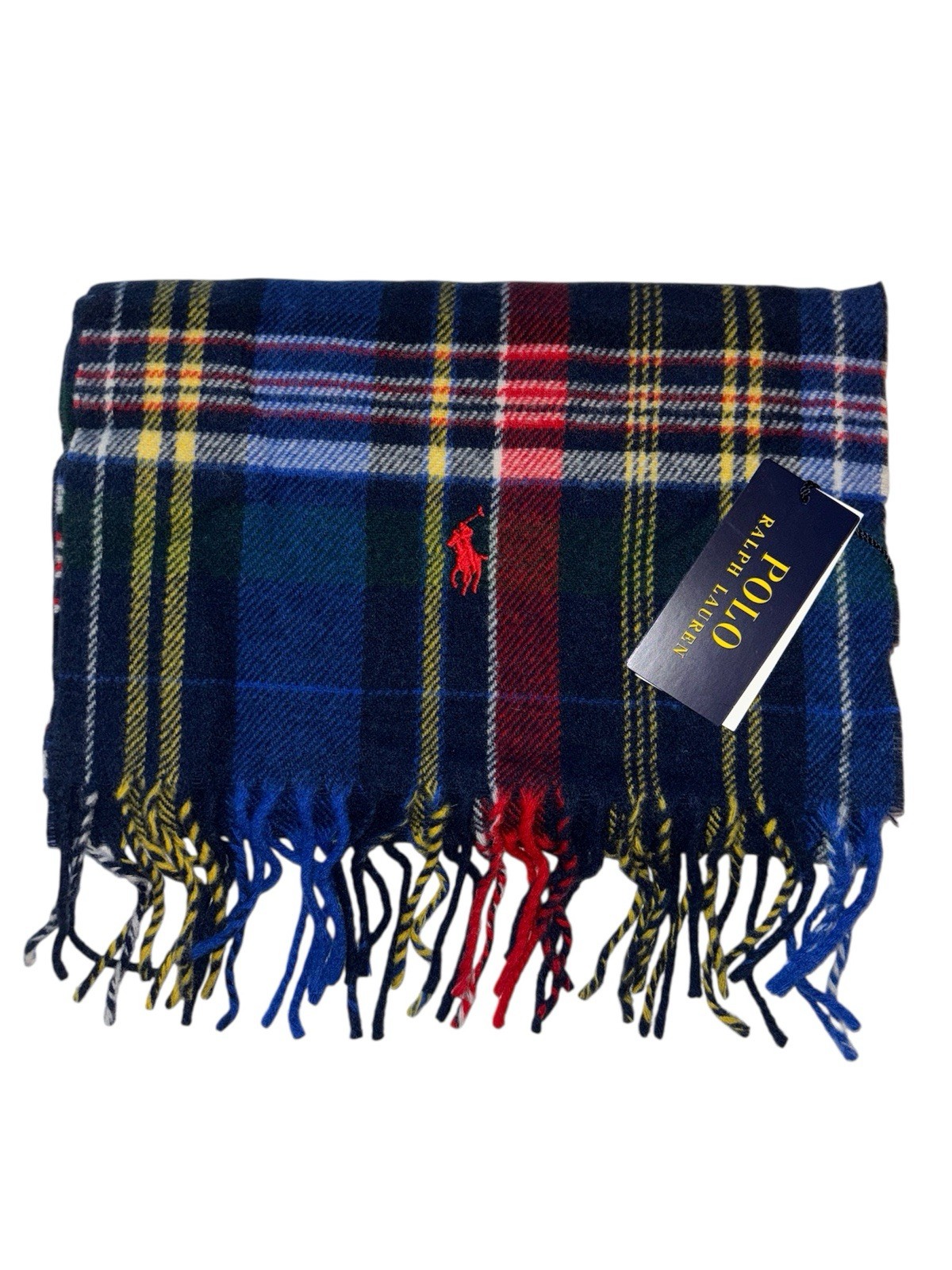 Polo Ralph Lauren Plaid Wool Scarf Blue Red Fringe Christmas Pony Made in Italy