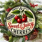 Vintage Cherry Themed Round Tin Metal Sign Fruit Style Design 8x8