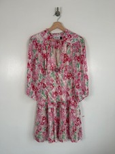 RIXO Dress Size UK 14 Pink Floral Tiered Keyhole Tie V Neck Silk Blend Short L