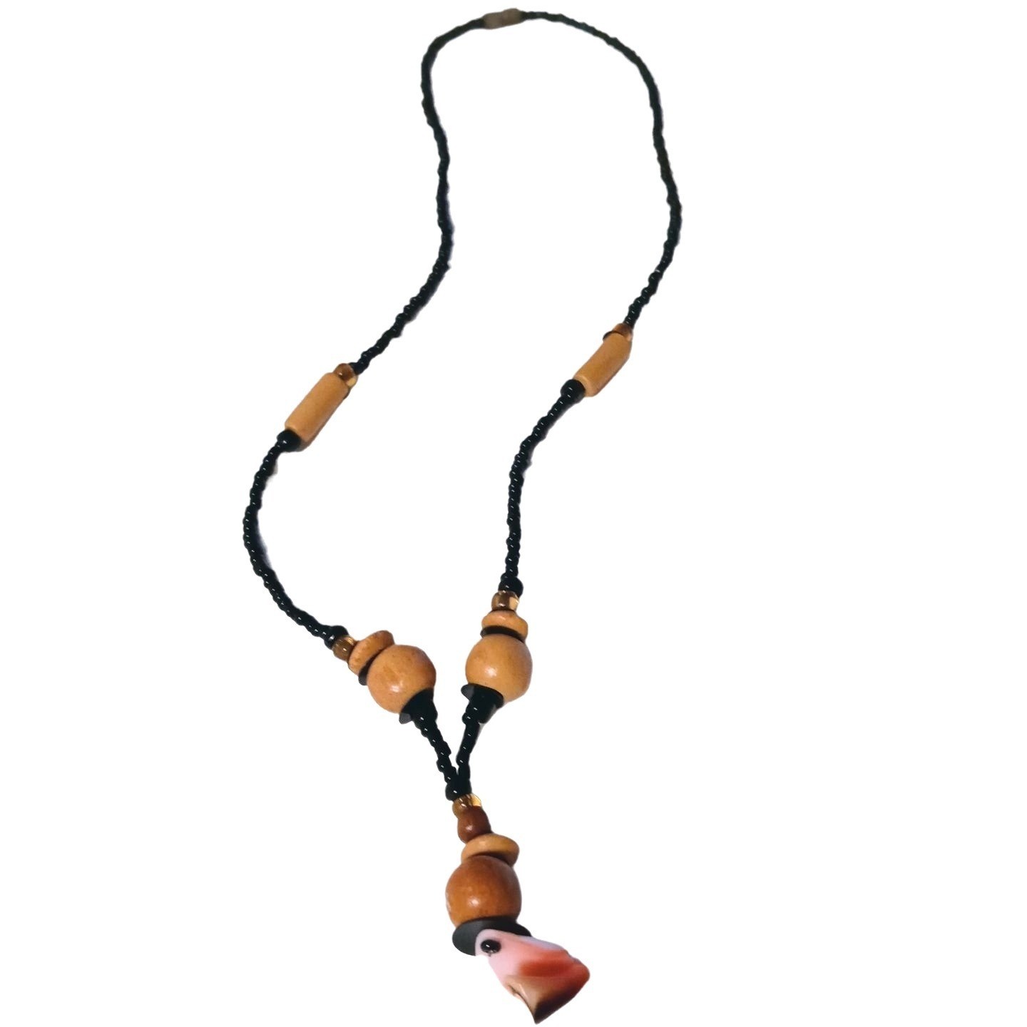 Vintage Boho Shell Bead Necklace Tan Wood Earthy … - image 2