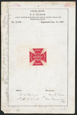 Boston MA 1887 H E Pearson Boston Breakfast Cereals Trademark Registration