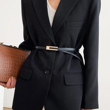 Thin Waist Belt PU Leather Metal Buckle Women Black Gold Silver Dress Trousers