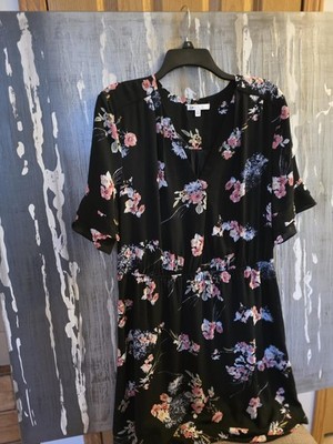 DR2 XL Black Floral Flowy Mini Dress Short Sleeve V-Neck Women s