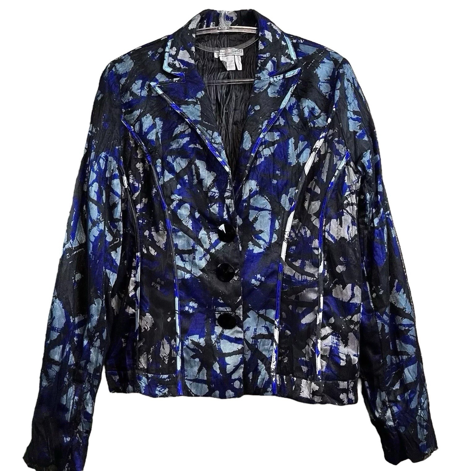 Alberto Makali Watercolor Abstract Mesh Buttoned Blazer Jacket Blue Black Size 6