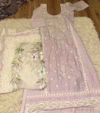 Lavender Cotton Salwar Kameez Women's Embroidered Floral Lace Dupatta
